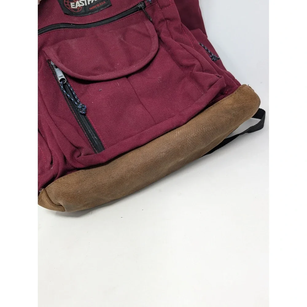 Vintage Eastpak Backpack Burgundy Canvas Brown Suede Bottom Made in USA